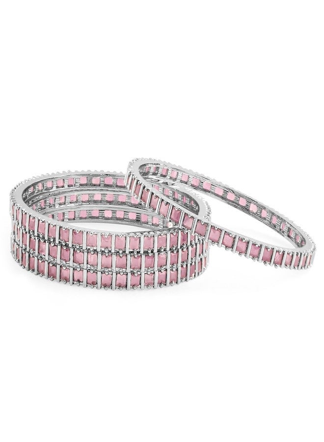 Rubans Set of 4 Rhodium-Plated Pink Cubic Zirconia Studded Handcrafted Premium Bangles for Women & Girls | Elegant Wedding & Festive Jewelry - Image 2