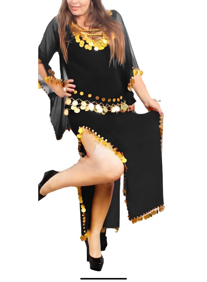 Traditional Belly Dance Dress in Black with Gold Pieces and Side Slit for Oriental Stage Performances