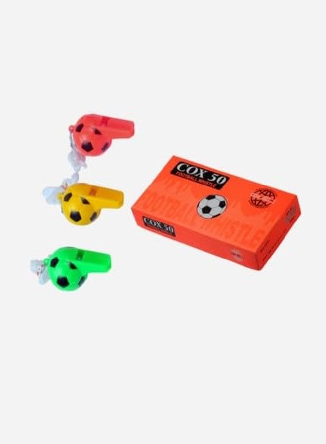 COX 50 Football Shape Plastic Premium Whistle with Lanyard - Loud Sports Coaching, Kids Party Favor, Outdoor & Event Whistle (Pack of 12, 6 cm) - Image 4