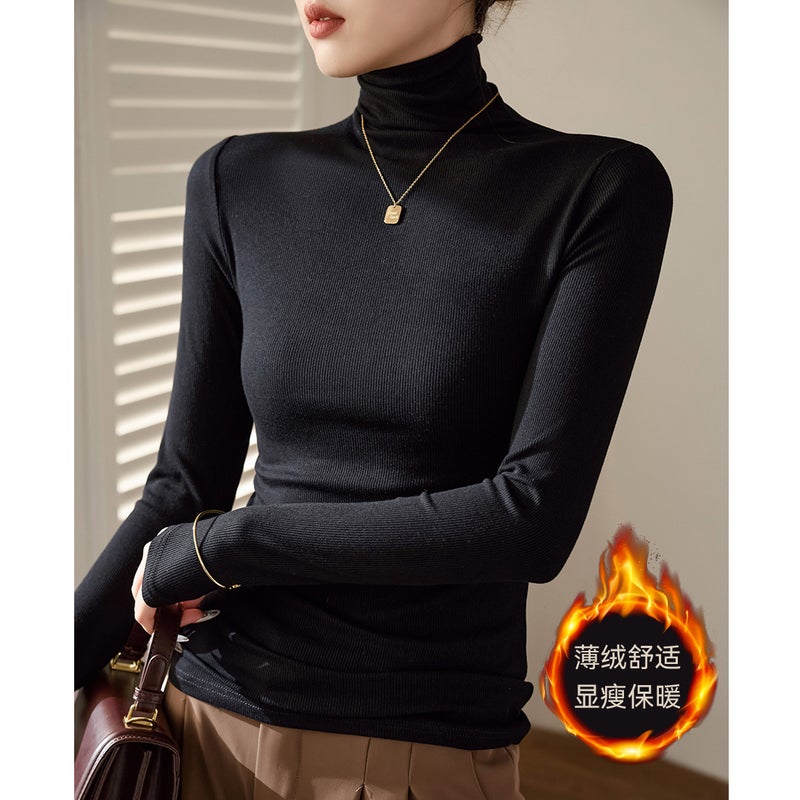 High Elastic Threaded Cotton Turtleneck Bottoming Shirt Women's Long-Sleeved T-Shirt 2025 Autumn and Winter Wear with Slim Fit Right Shoulder Top - Image 1