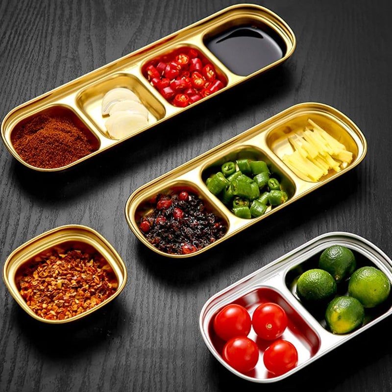 lasenersm 4 Pieces Sauce Dish Bowl Stainless Steel Seasoning Dish 1 Grid Sushi Dipping Bowls Square Saucer Bowl Appetizer Plate Saucer Dish Plate Sushi Dipping Plate Sauce Dip Bowl Golden - Image 5