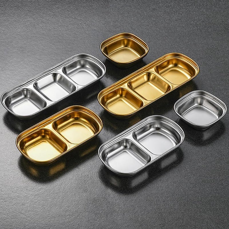 lasenersm 4 Pieces Sauce Dish Bowl Stainless Steel Seasoning Dish 1 Grid Sushi Dipping Bowls Square Saucer Bowl Appetizer Plate Saucer Dish Plate Sushi Dipping Plate Sauce Dip Bowl Golden - Image 3