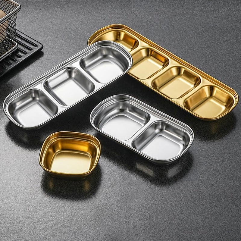 lasenersm 4 Pieces Sauce Dish Bowl Stainless Steel Seasoning Dish 1 Grid Sushi Dipping Bowls Square Saucer Bowl Appetizer Plate Saucer Dish Plate Sushi Dipping Plate Sauce Dip Bowl Golden - Image 4