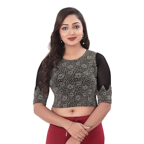 DESI GIRL - Round Neck Jacquard Regular Fit Saree Blouse for Women | Half Sleeve Readymade Stretchy Embroidered Design Festive Blouse Perfect for Saree, Lehenga, Kurti | Black - 34 - Image 1