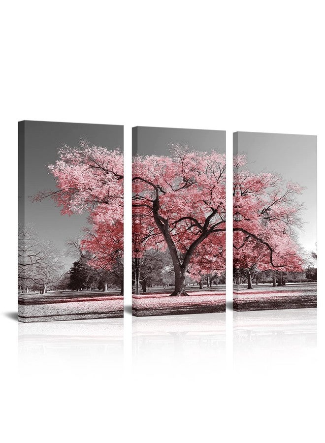 Visual Art Decor Pink Tree Canvas Wall Art Pink and Grey Room Decor Cherry Blossom Wall Art Modern Art Framed Ready to Hang Living Room Wall Decor 12x16inchx3 Piece - Image 1