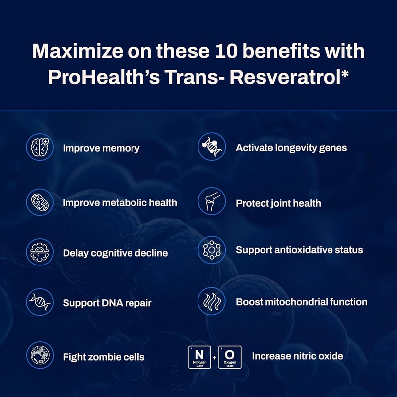 ProHealth بروهيلث ريسفيراترول 1000 ملغ  ريسفيراترول النقي  بالإضافة إلى كيرسيتين  مستخلص النبيذ الأحمر  مستخلص الشاي الأخضر  مدروس سريرياً لدعم صحة الخلايا  الذاكرة  الشيخوخة الصحية  60 كبسولة - Image 4