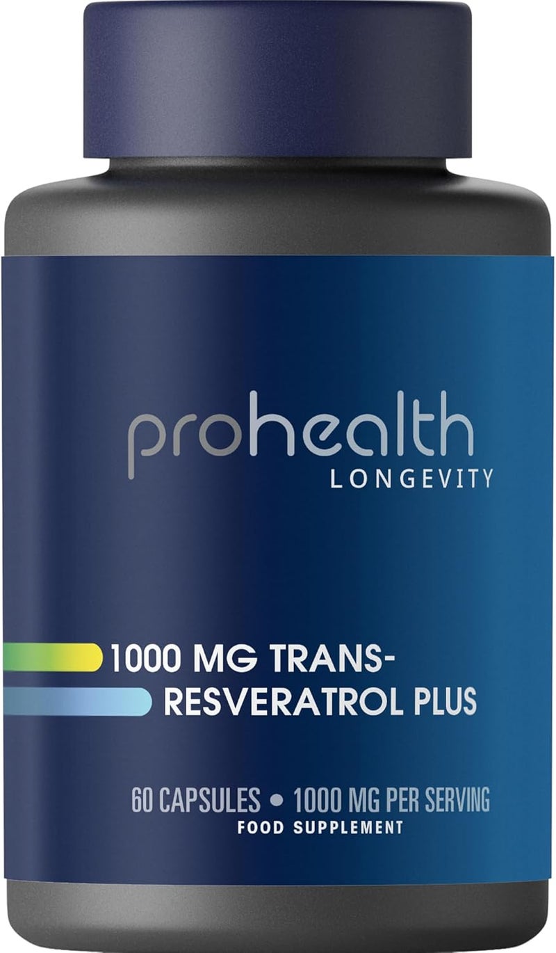 ProHealth بروهيلث ريسفيراترول 1000 ملغ  ريسفيراترول النقي  بالإضافة إلى كيرسيتين  مستخلص النبيذ الأحمر  مستخلص الشاي الأخضر  مدروس سريرياً لدعم صحة الخلايا  الذاكرة  الشيخوخة الصحية  60 كبسولة - Image 1
