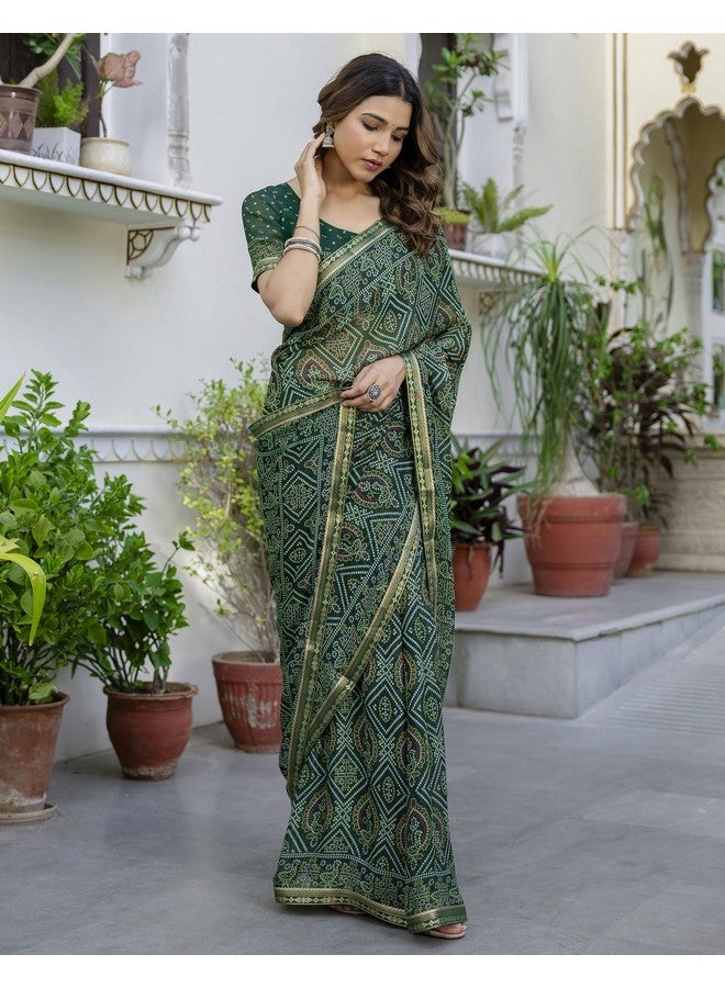 SIRIL ساري نسائي من جورجيت سيريل مزخرف بتصميم بندهاني مع قطعة بلوزة غير مخيطة (4538S383_أخضر داكن) - Image 5