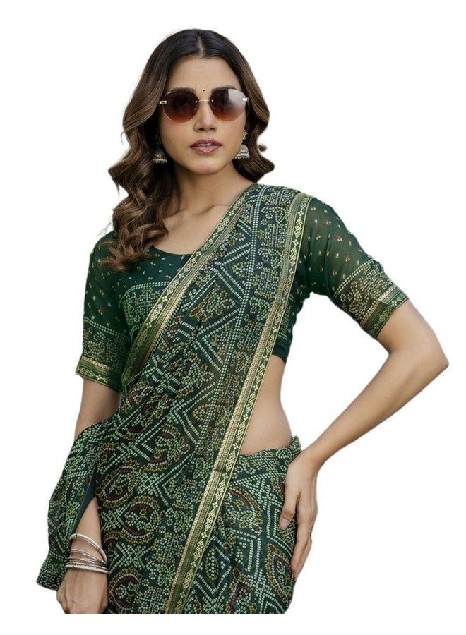 SIRIL ساري نسائي من جورجيت سيريل مزخرف بتصميم بندهاني مع قطعة بلوزة غير مخيطة (4538S383_أخضر داكن) - Image 1