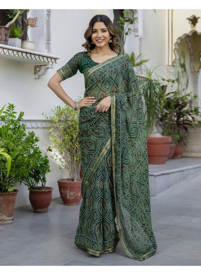 SIRIL ساري نسائي من جورجيت سيريل مزخرف بتصميم بندهاني مع قطعة بلوزة غير مخيطة (4538S383_أخضر داكن) - Image 4