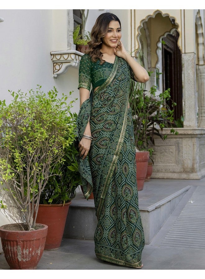SIRIL ساري نسائي من جورجيت سيريل مزخرف بتصميم بندهاني مع قطعة بلوزة غير مخيطة (4538S383_أخضر داكن) - Image 2