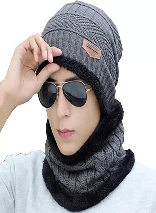 JUPON Soft Woollen Winter Cap for Men with Neck Muflar, Beanie Cap Inner Side Ultra Soft Warm Sherpa Fabric | Pack of 1 Set - Grey | Free Size - Image 1