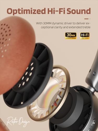 iKF-R1 Retro Headphones Bluetooth 5.4 Hi-Fi Sound Custom EQ via App 60H Playtime Comfortable Fit Multipoint Connection Lightweight Vintage Headphones (Brown) - Image 5