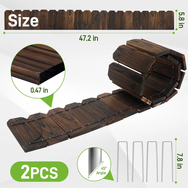 Mulctun حدود حديقة خشبية مولكتون - 5.9" ارتفاع × 47" طول حدود مناظر طبيعية خشبية متينة، حدود أسرة زهور صغيرة، سياج حديقة خشبي زخرفي لحدائق أسرة الزهور والممرات والأشجار (عبوتان)  - Image 2