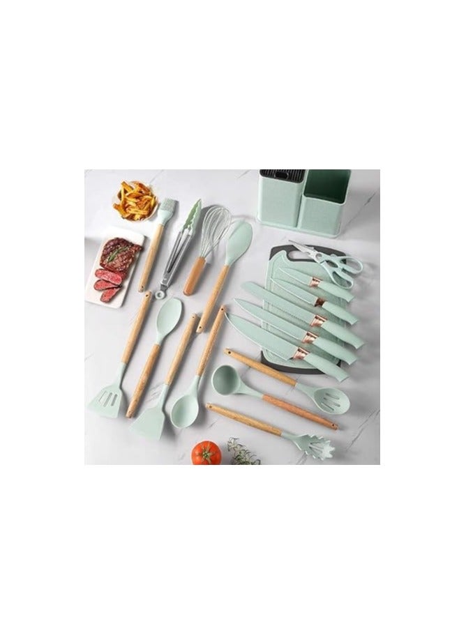 18-Piece Silicone Kitchen Knife & Utensil Set – Heat Resistant Wooden Handle with Cutting Board – Green - Image 2
