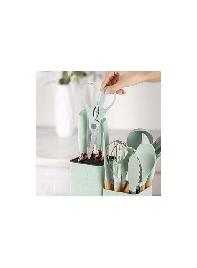 18-Piece Silicone Kitchen Knife & Utensil Set – Heat Resistant Wooden Handle with Cutting Board – Green - Image 3