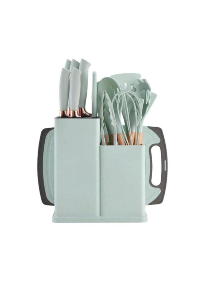 18-Piece Silicone Kitchen Knife & Utensil Set – Heat Resistant Wooden Handle with Cutting Board – Green - Image 1