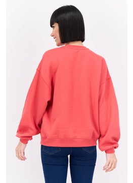 Bershka Women Crew Neck Graphic Print Sweatshirt, Red  - Image 3