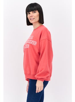 Bershka Women Crew Neck Graphic Print Sweatshirt, Red  - Image 2