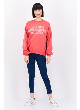 Bershka Women Crew Neck Graphic Print Sweatshirt, Red  - Image 4
