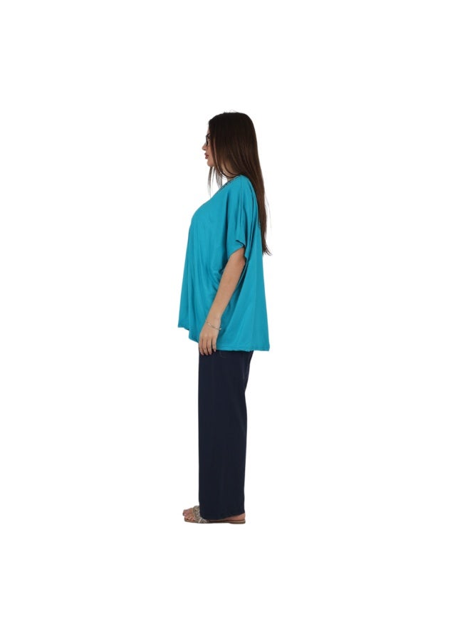 زيكوتكس  بيجامة حريمي مقاسات خاصة (Big Size) من زيكوتكس (ZECOTEX) - طقم قطعتين قطن طبيعي - توب فيروزي مطرز وبنطال كحلي - مقاسات 4XL حتى 6XL - Image 5