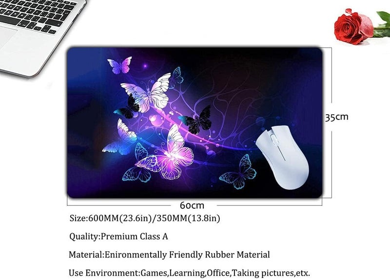 KRESHU Glowing Night Butterflies Gaming Mouse Pad | Large Extended Waterproof Mouse mat Stitched Edge Mouse Pad for Gamers Non-Slip Base Rubber Mousepad for Work Game Office Home (35 * 60CM,1-Pcs) - Image 4