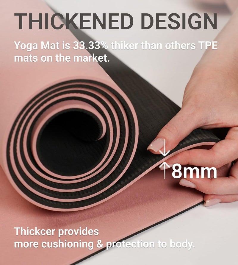 Bernessi 8MM Yoga Mat with Carrying Strap Anti-Slip for Home Workout Exercises Meditation Eco Friendly, Non Skid TPE Yoga Mattres for Pilates 183x61x0.8cm Thick, Pink/Black - Image 4