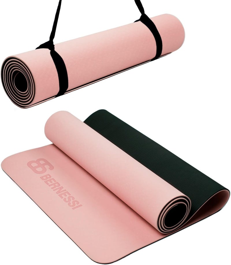 Bernessi 8MM Yoga Mat with Carrying Strap Anti-Slip for Home Workout Exercises Meditation Eco Friendly, Non Skid TPE Yoga Mattres for Pilates 183x61x0.8cm Thick, Pink/Black - Image 1