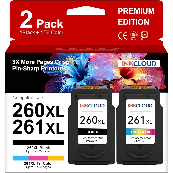 INKCLOUD Compatible Ink Cartridges Replacement for PG-260 XL CL-261 XL 260XL 261XL Combo Pack for TS5320 TS6420 TR7020 All in One Wireless Printer (1 Black,1 Tri-Color, 2Pack)