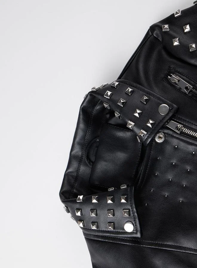 Take Two Black Studded Crop Biker Jacket