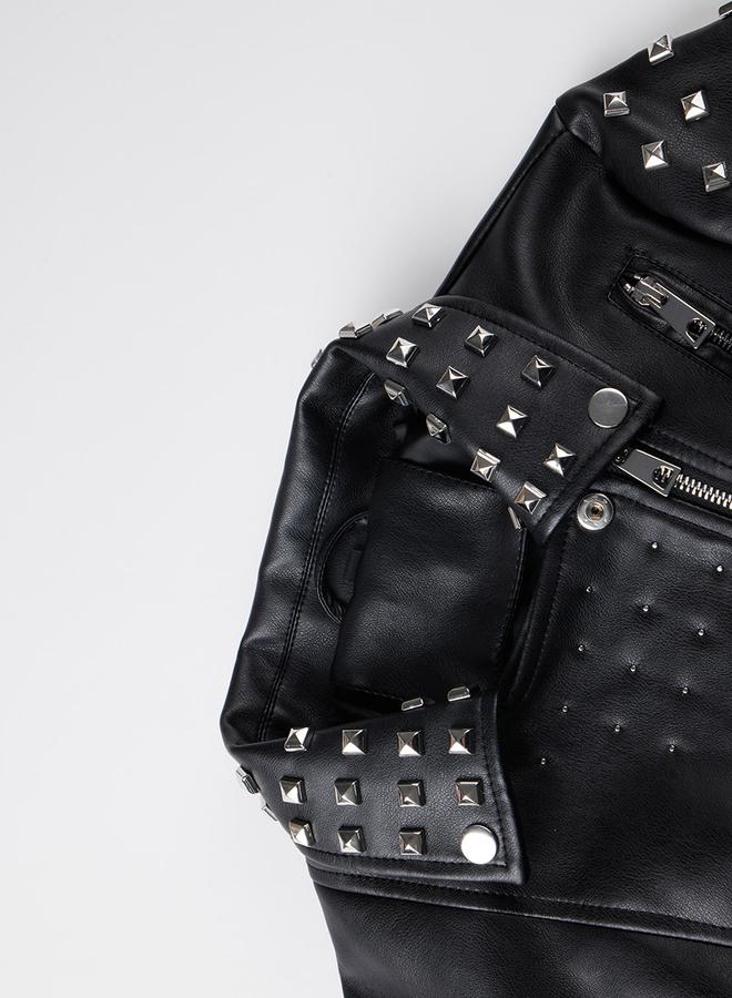 Take Two Black Studded Crop Biker Jacket - Image 4