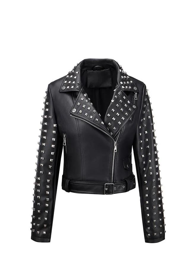 Take Two Black Studded Crop Biker Jacket