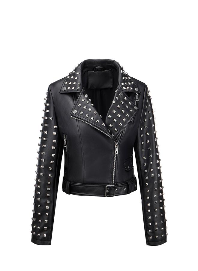 Take Two Black Studded Crop Biker Jacket - Image 1
