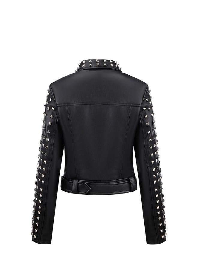 Take Two Black Studded Crop Biker Jacket - Image 2
