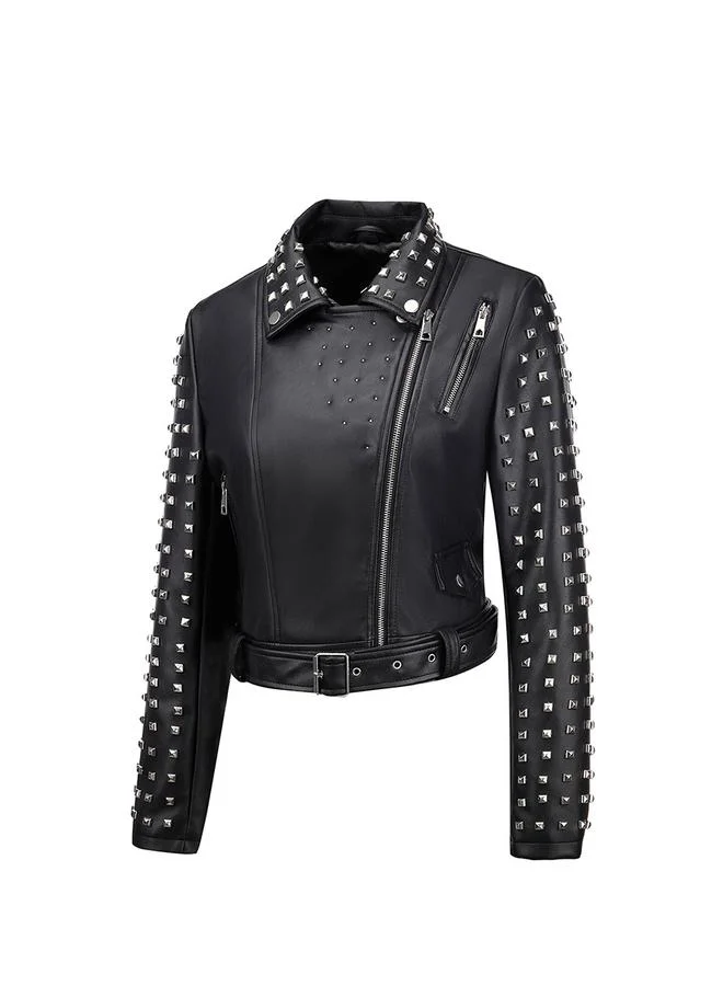 Take Two Black Studded Crop Biker Jacket