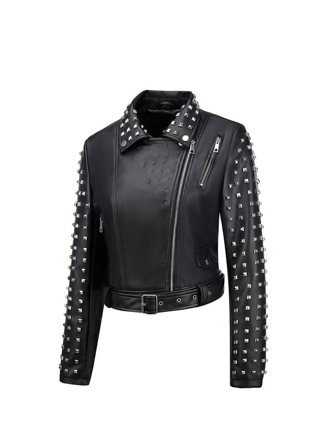 Take Two Black Studded Crop Biker Jacket - Image 3