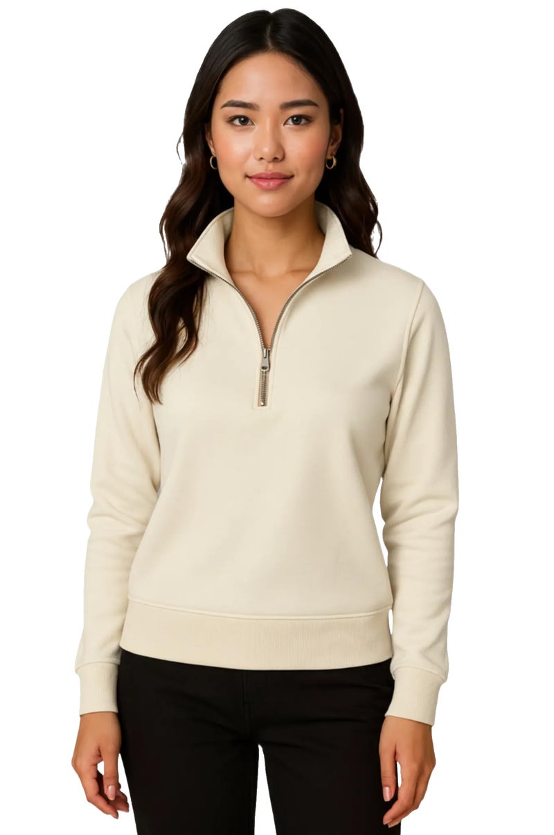 Mack Jonney Women’s Fleece Half-Zip Offwhite Color High Neck Sweatshirt | Warm & Stylish Winter Wear -M4521 - Image 1
