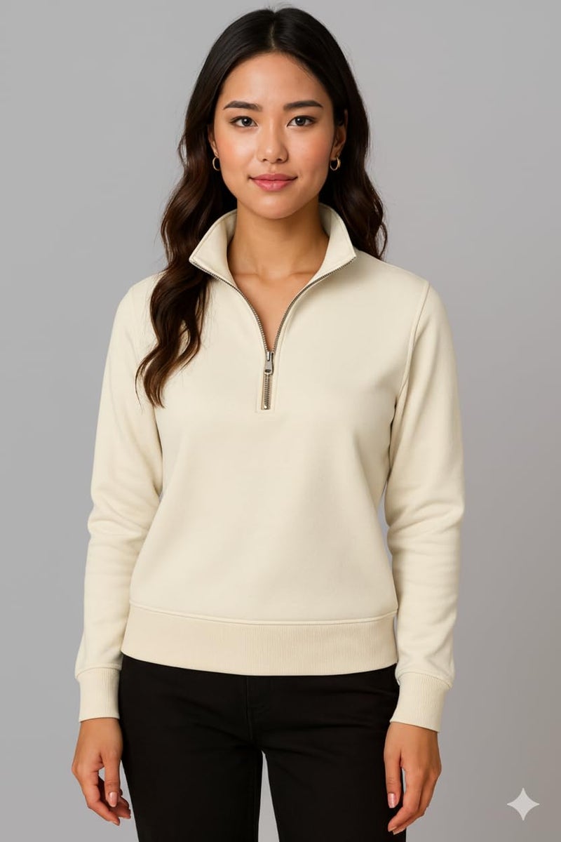 Mack Jonney Women’s Fleece Half-Zip Offwhite Color High Neck Sweatshirt | Warm & Stylish Winter Wear -M4521 - Image 2