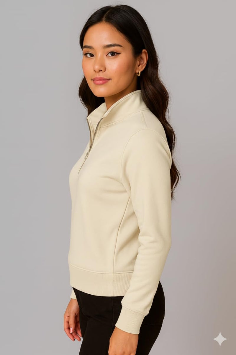 Mack Jonney Women’s Fleece Half-Zip Offwhite Color High Neck Sweatshirt | Warm & Stylish Winter Wear -M4521 - Image 3