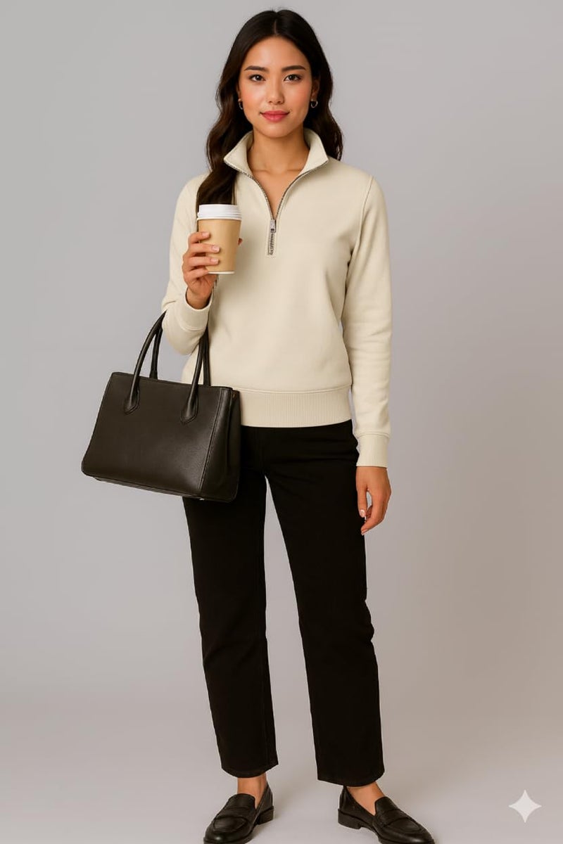 Mack Jonney Women’s Fleece Half-Zip Offwhite Color High Neck Sweatshirt | Warm & Stylish Winter Wear -M4521 - Image 5