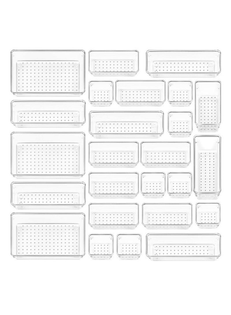 25 PCS Clear Plastic Drawer Organizers Set, 4-Size Versatile Bathroom and Vanity Drawer Organizer Trays - Image 1