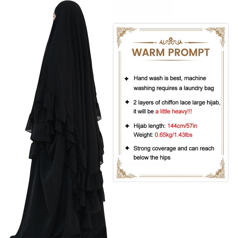 khalat Women's Hijab Chiffon Hijab for Women Muslim 2 Layers Ruffle Lightweight Large Hijab Black - Image 3
