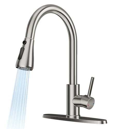 FEELSO Kitchen Faucets with Pull Down Sprayer High Arc Stainless Steel Single Handle Kitchen Sink Faucet 1 or 3 Hole Brushed Nickel Water Faucets for Farmhouse Laundry Camper Rv Bar - Image 1