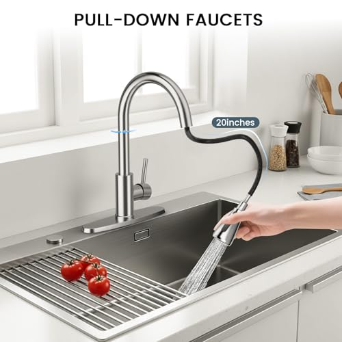 FEELSO Kitchen Faucets with Pull Down Sprayer High Arc Stainless Steel Single Handle Kitchen Sink Faucet 1 or 3 Hole Brushed Nickel Water Faucets for Farmhouse Laundry Camper Rv Bar - Image 3