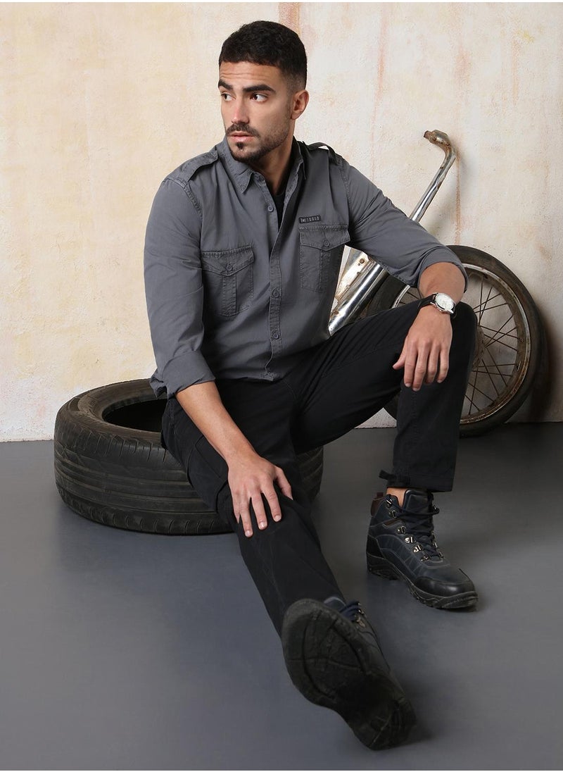 HIGH STAR Men Regular Fit Utility Heavy Washed Spread Collar Solid Cotton Casual Shirt  - Image 2