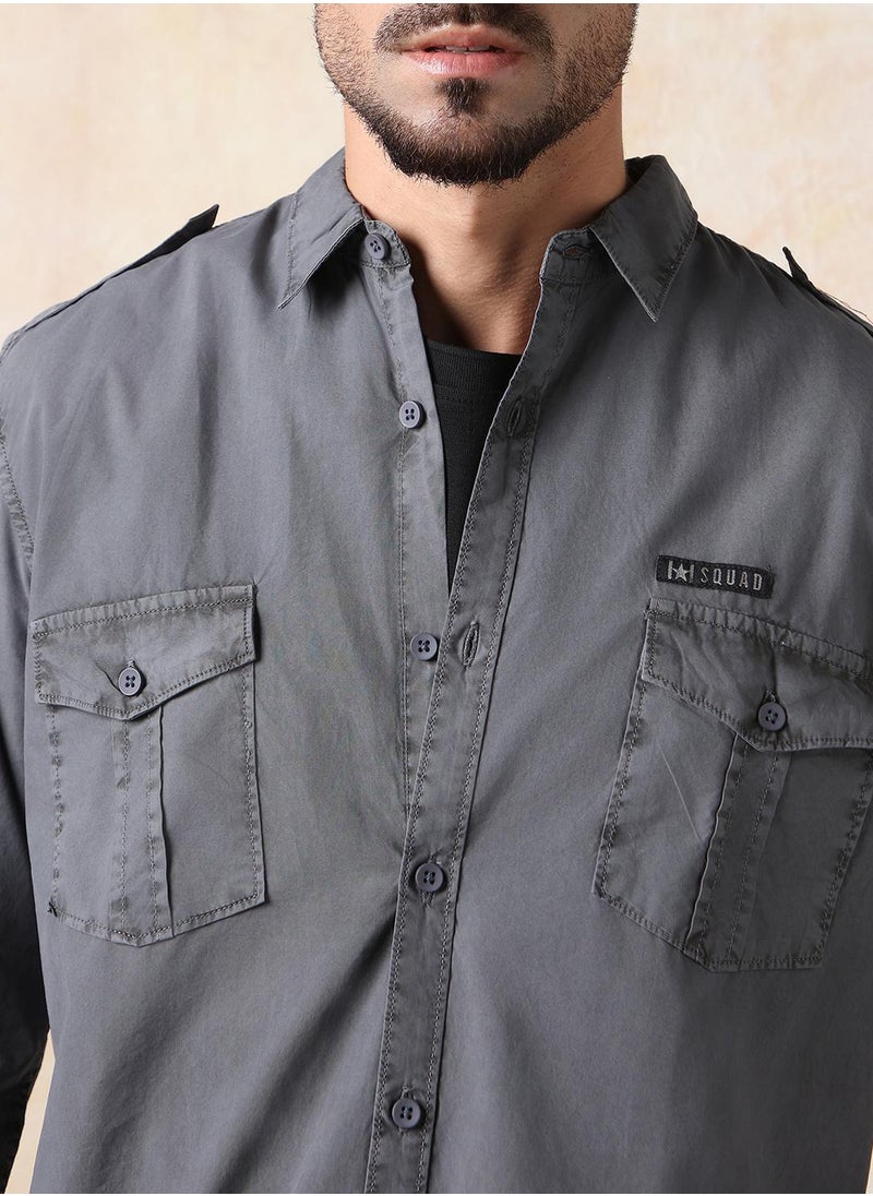 HIGH STAR Men Regular Fit Utility Heavy Washed Spread Collar Solid Cotton Casual Shirt  - Image 4
