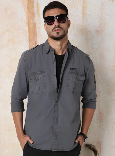 HIGH STAR Men Regular Fit Utility Heavy Washed Spread Collar Solid Cotton Casual Shirt