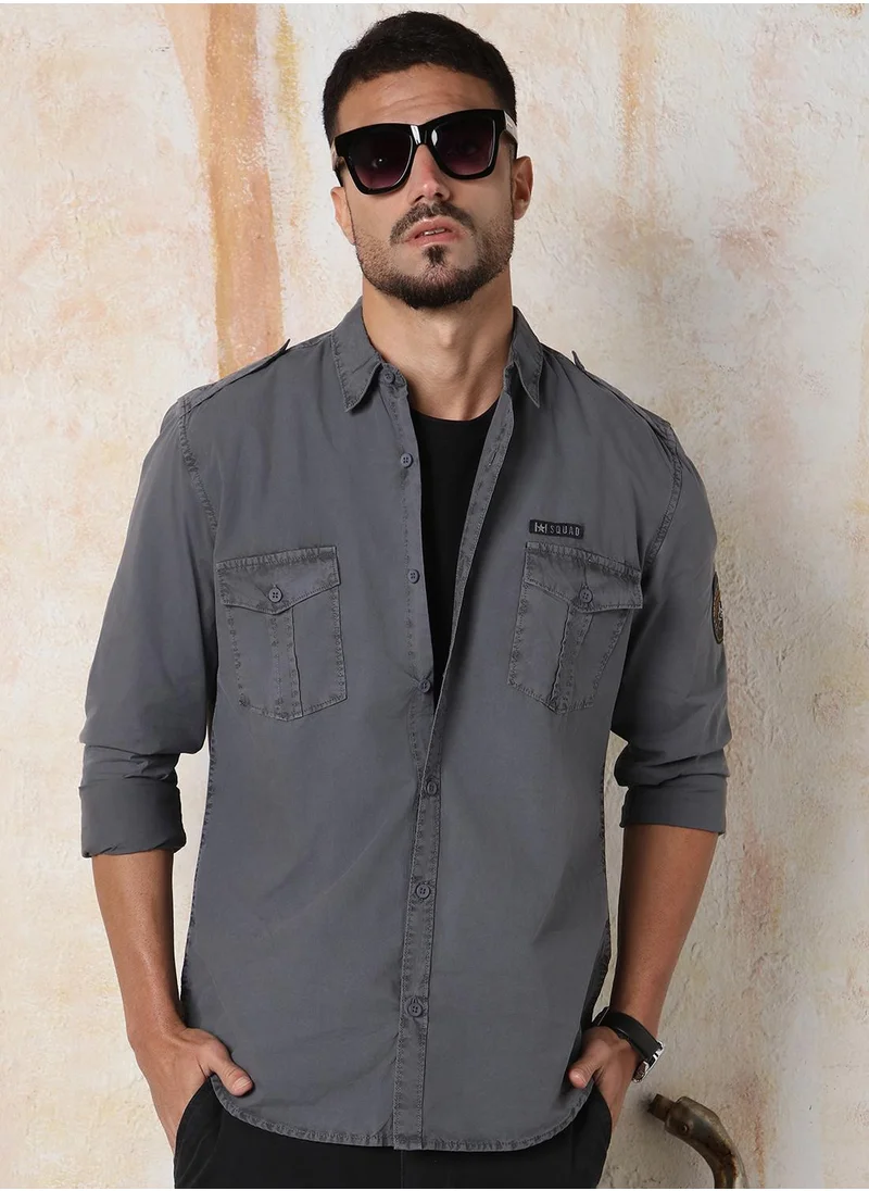 HIGH STAR Men Regular Fit Utility Heavy Washed Spread Collar Solid Cotton Casual Shirt