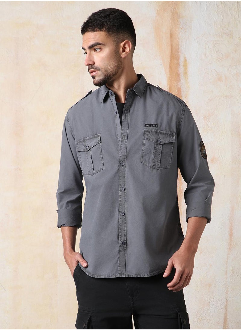 HIGH STAR Men Regular Fit Utility Heavy Washed Spread Collar Solid Cotton Casual Shirt  - Image 3