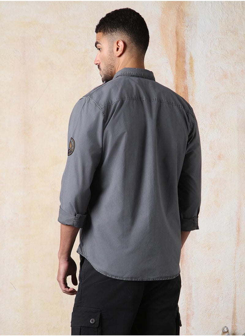 HIGH STAR Men Regular Fit Utility Heavy Washed Spread Collar Solid Cotton Casual Shirt  - Image 5